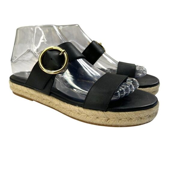 Stuart Weitzman Mykonos Two Strap Leather Espadrille Sandal Black Size 7.5